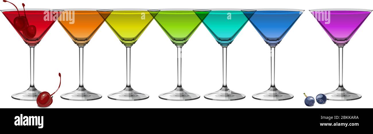 Multicolored cocktails on white background panoramic vector illustration Stock Vector