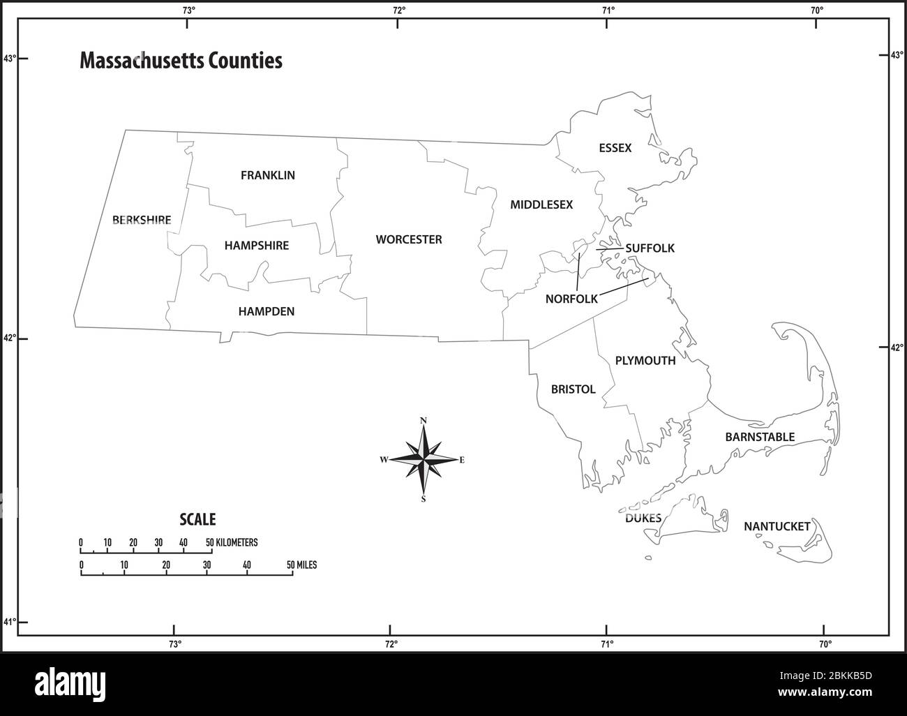 black and white political map of massachusetts