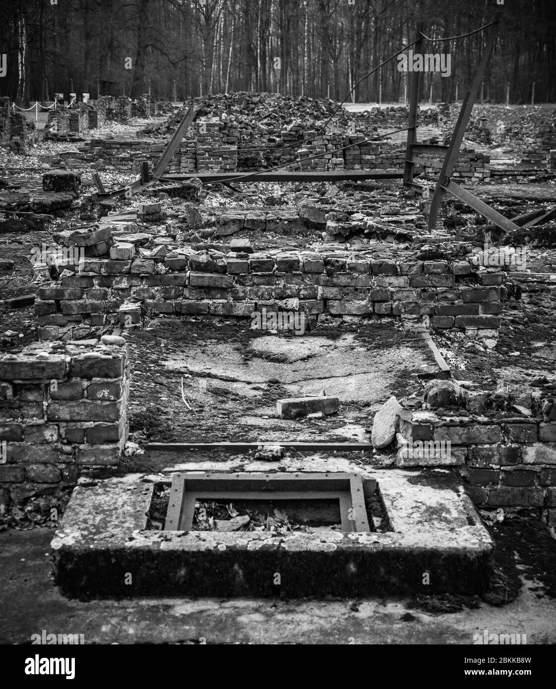 Remnants of a Nazi Gas Chamber, Auschwitz II. Stock Photo