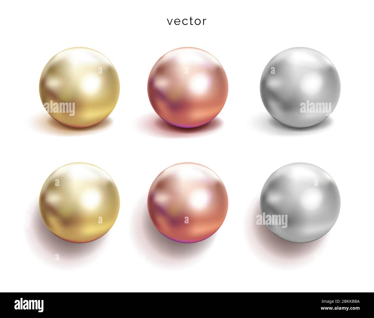 Set of pearl silver, pink or rose gold and gold spheres with glares icons isolated on white background, vector illustration. Stock Vector