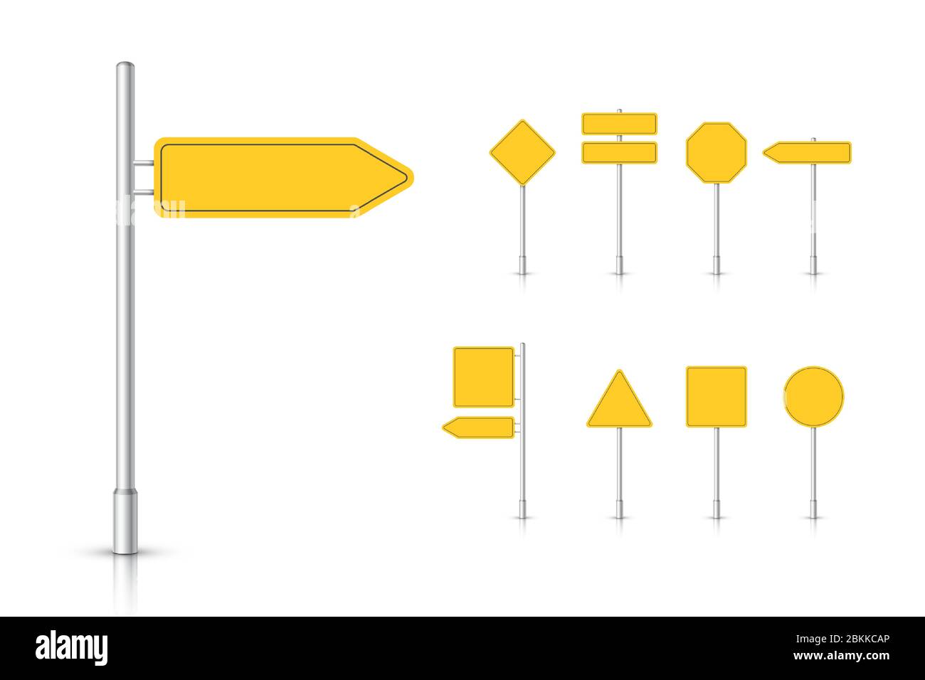 Mockup yellow traffic sign isolated on white background. Set of road