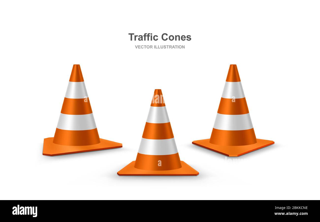 Traffic cones set. Red realistic road plastic cones with white striped, vector illustration