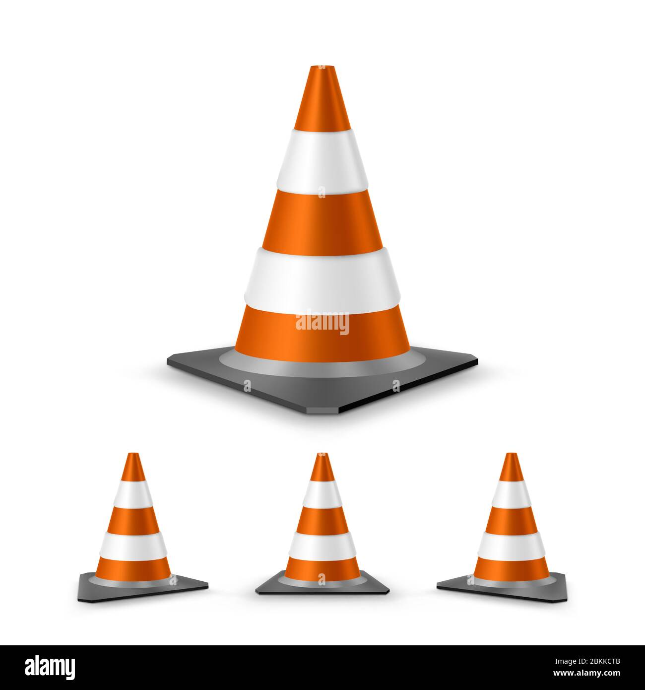 Traffic cones set. Red realistic road plastic cones with white striped