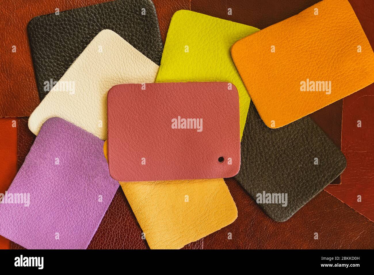 Bright colorful samples of genuine leather, colors and texture samples, abstract background. Manufacturing concept Stock Photo