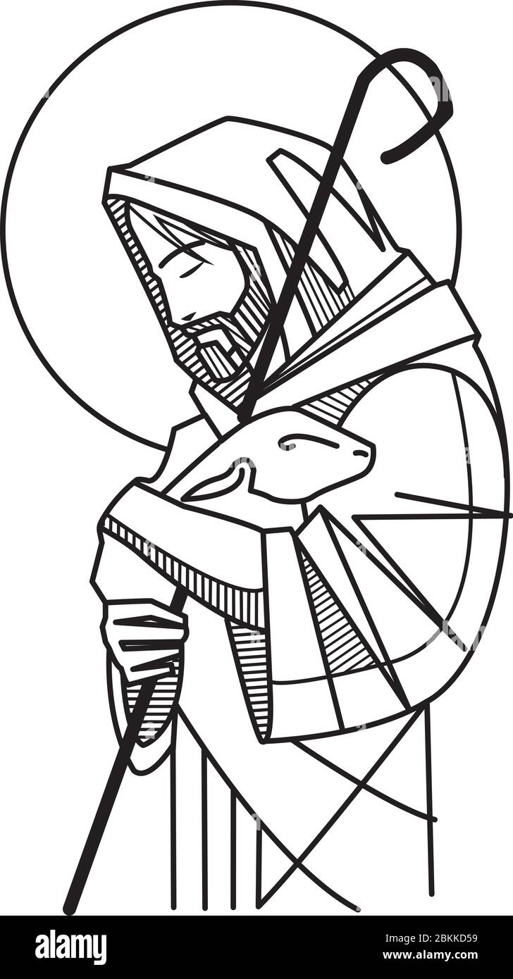 Hand drawn vector illustration or drawing of Jesus Good Shepherd Stock Vector
