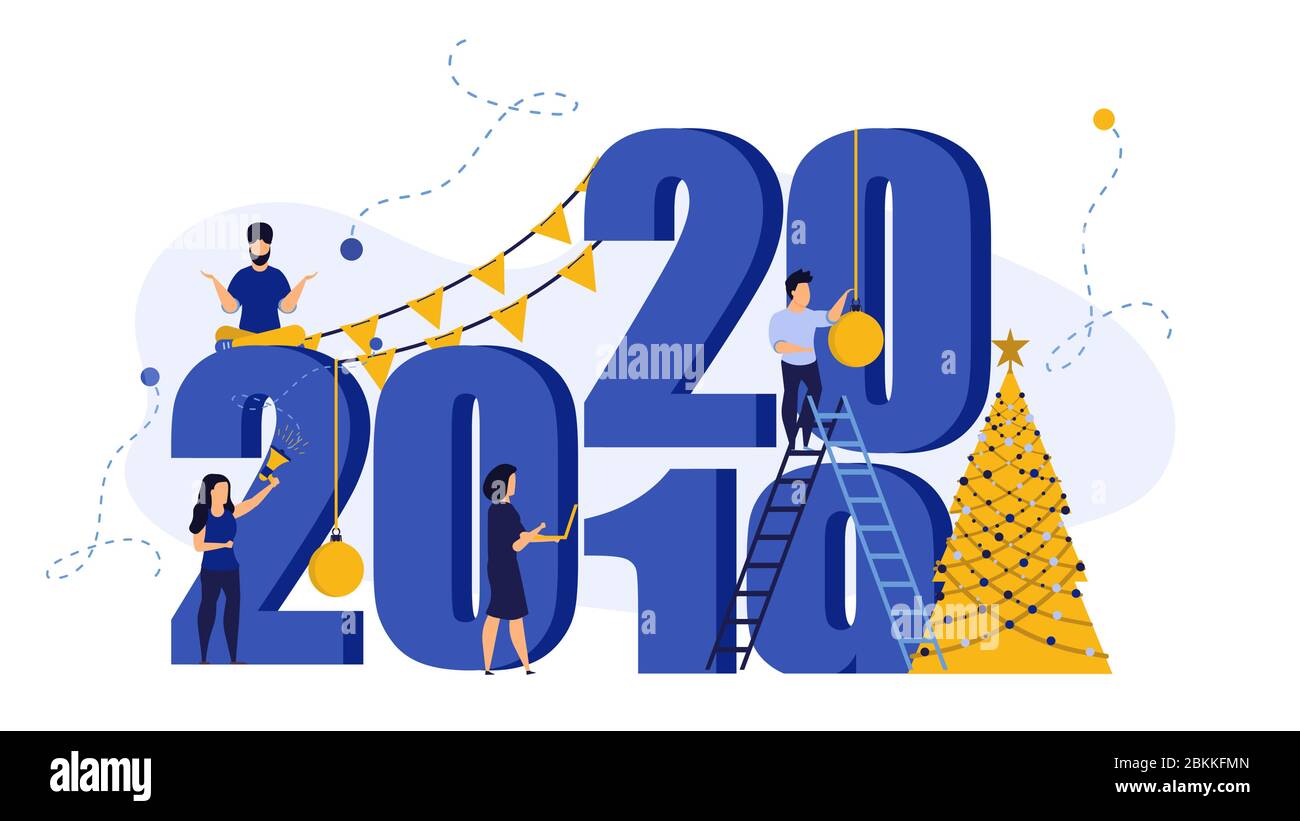 2020 person banner New Year vector illustration card background design. Happy Christmas celebration concept party poster holiday. Flat business office Stock Vector