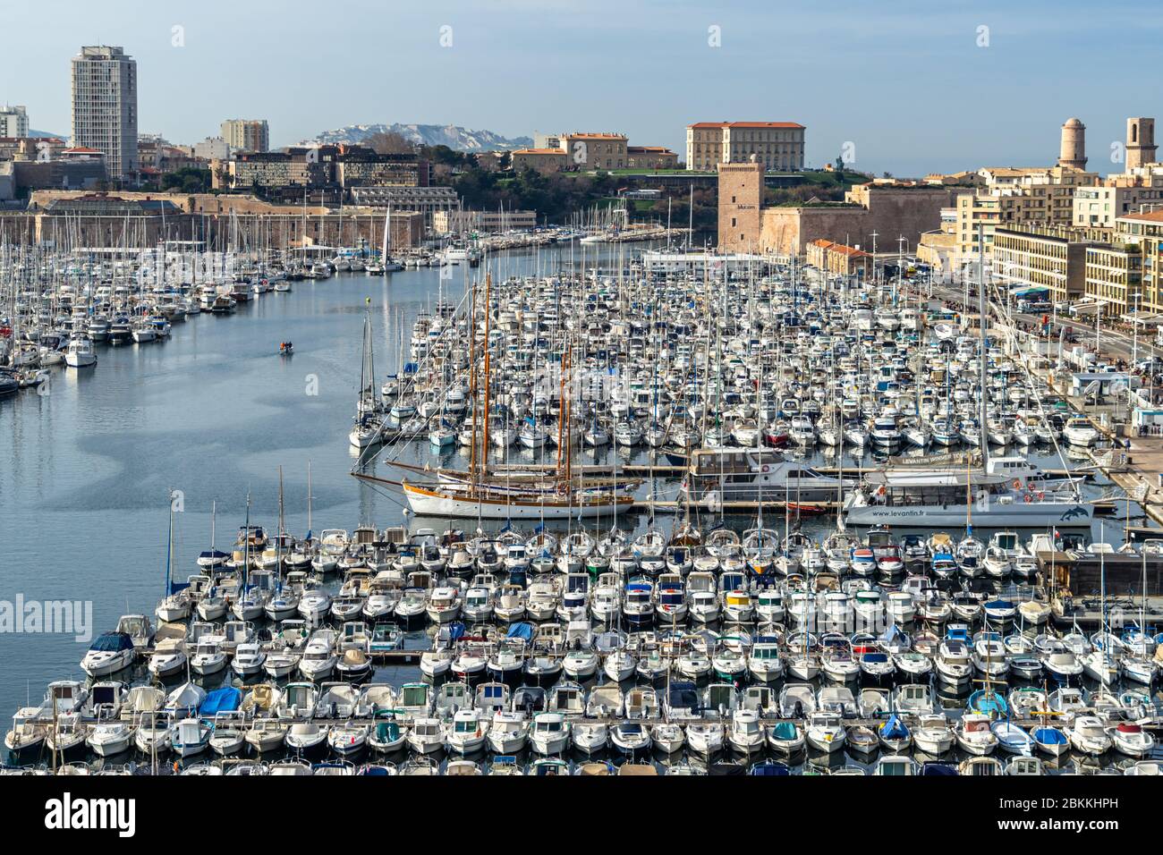 Scenic aerial view of the Vieux Port de Marseilles (old port) with Palais du Pharo in the background viewed from the Ferris wheel. Marseille, France Stock Photo
