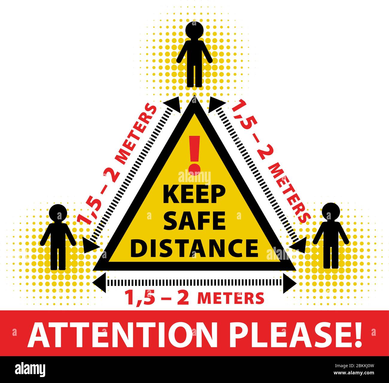 Keep Distance sign. Yellow danger triangle sign. Keep distance at least 1 -2 meters between people. Stopping spread of virus. Information warning sign Stock Vector