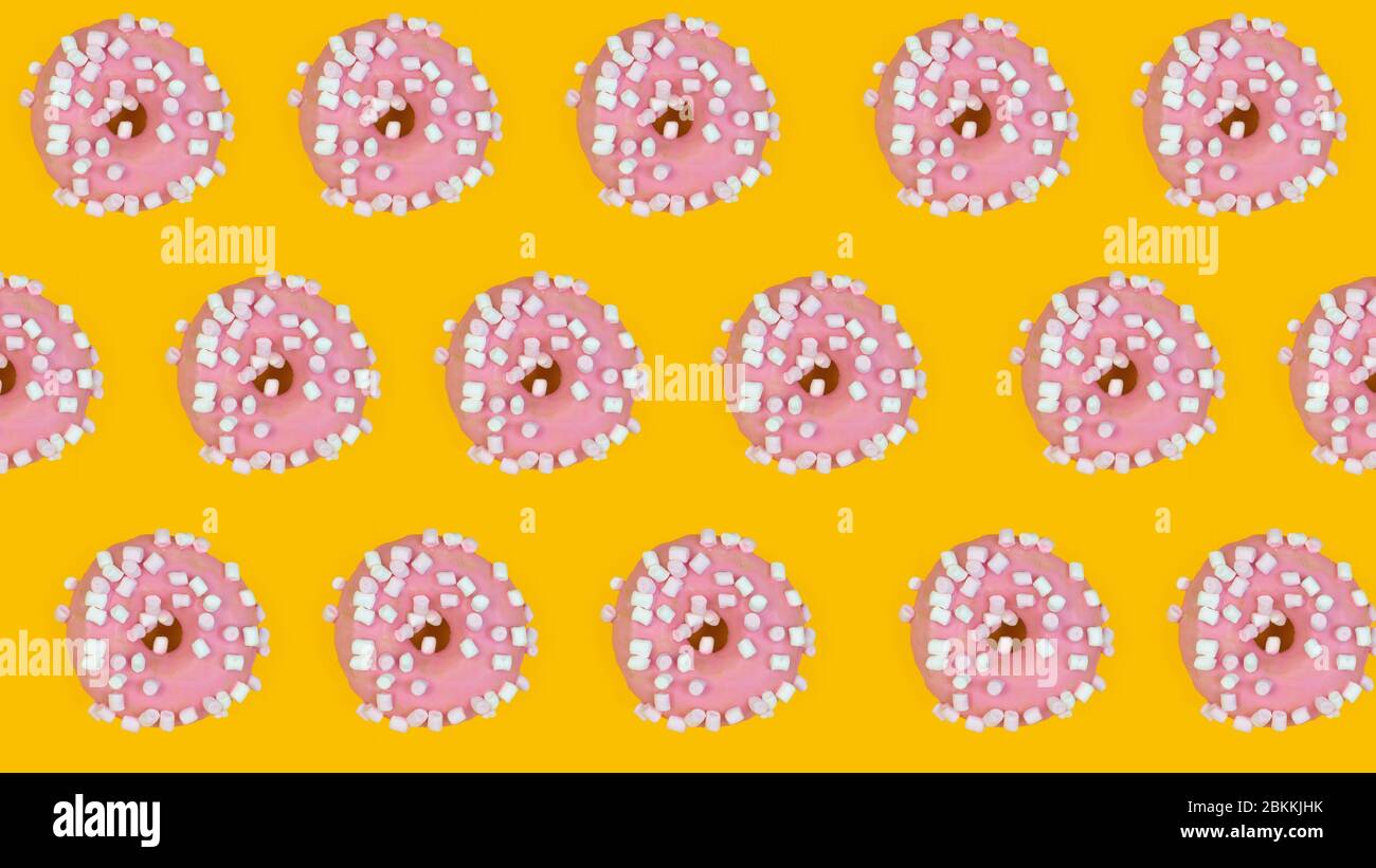 Pattern of sweet donuts on yellow background. Sweet tasty food, top ...