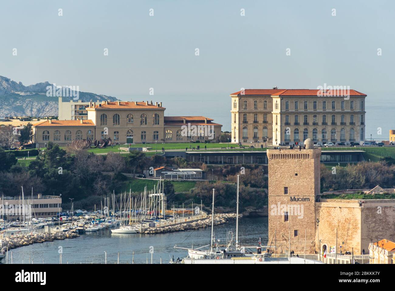 Two of the most famous historic landmarks of Marseille Old Port: the Palais du Pharo and the Fort Saint-Jean Stock Photo