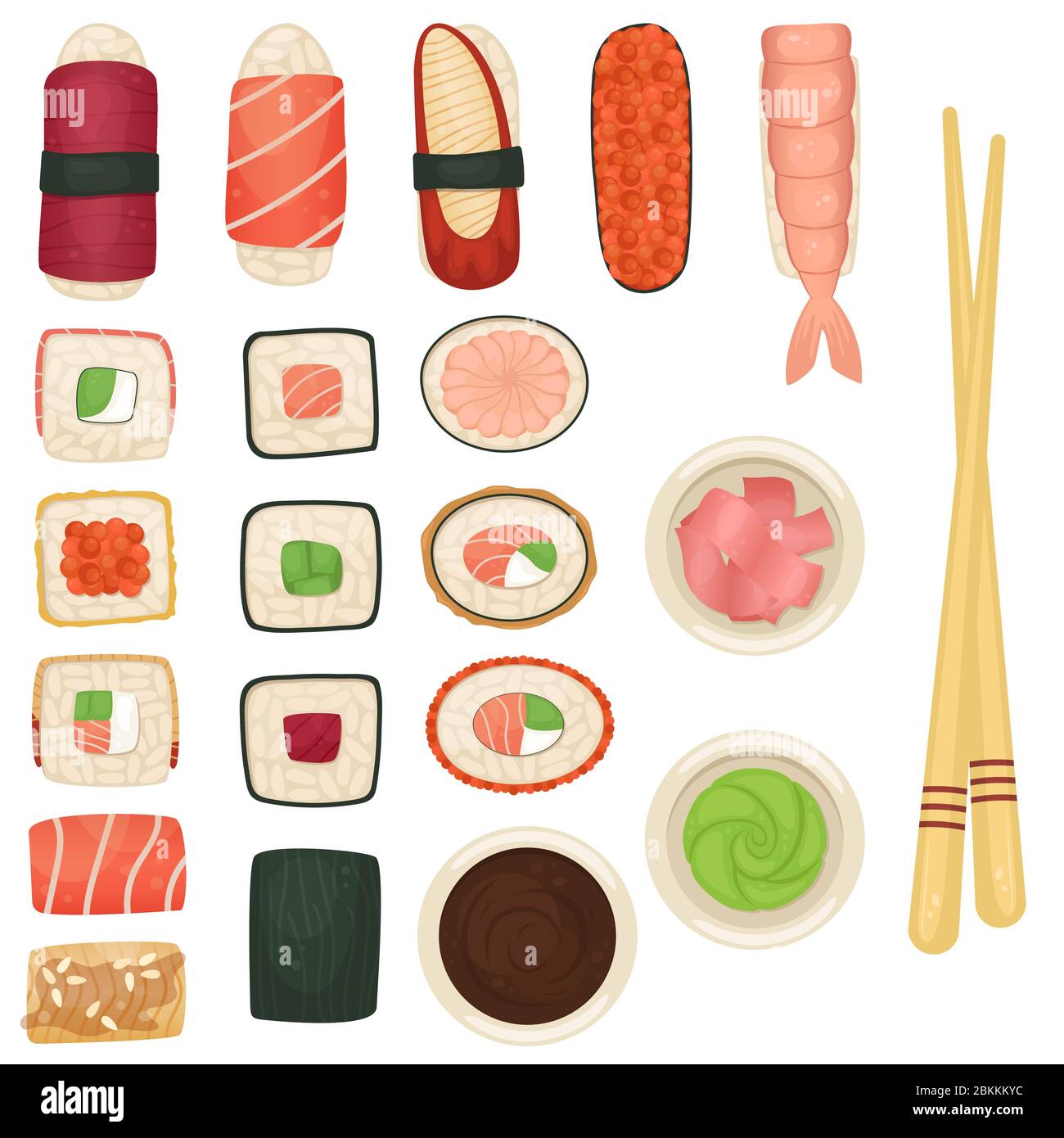 Set of sushi and rolls with soy sauce, wasabi and ginger. Japanese food
