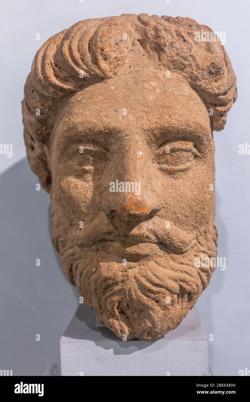 Bearded head, 2nd century, Gandhara sculpture, Museum, Delhi, India Stock Photo