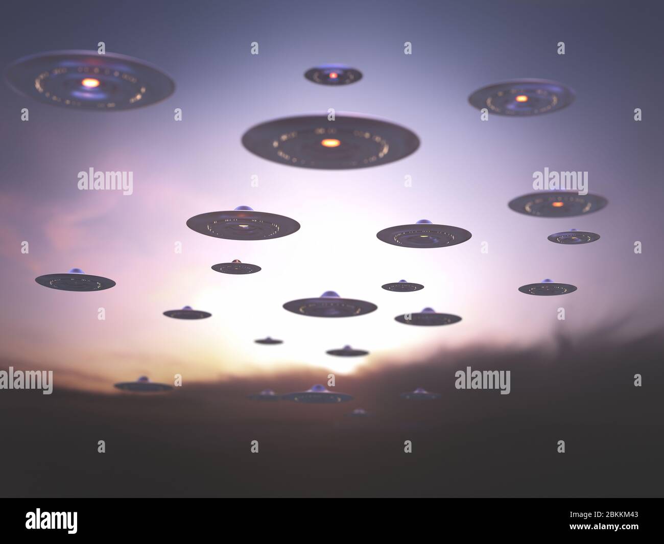 Invasion of alien spaceships under the sky at sunset. Stock Photo
