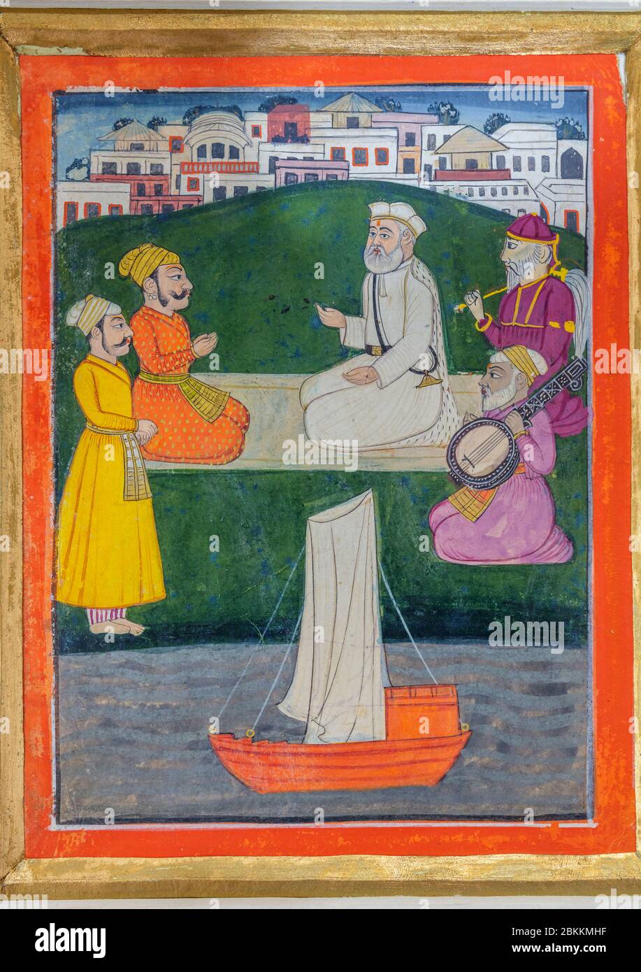 Guru Nanak giving sermon to two boat men, 1830s painting, Museum, Delhi, India Stock Photo