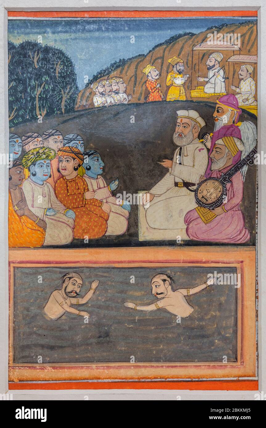 Guru Nanak seating with Bala and Mardana, 1830s painting, Museum, Delhi, India Stock Photo