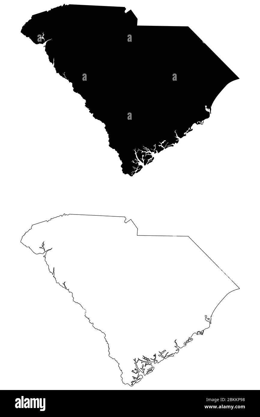South Carolina SC state Maps. Black silhouette and outline isolated on a white background. EPS Vector Stock Vector