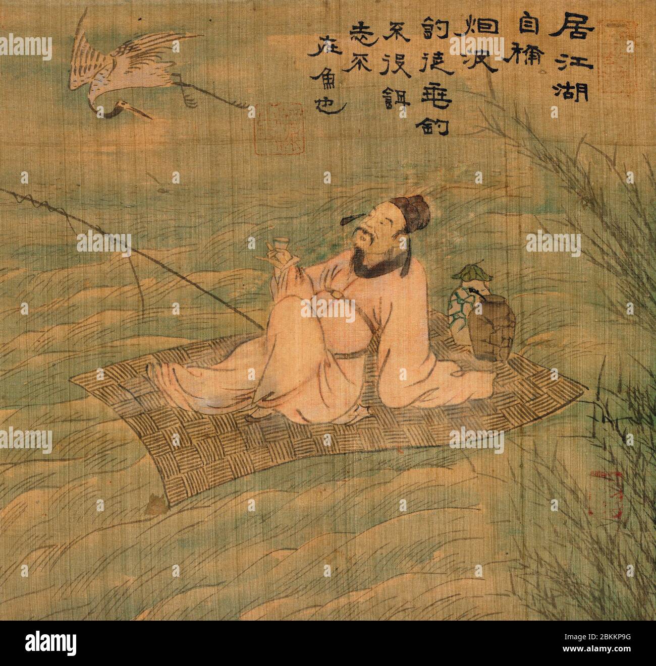 Poet Fisherman - 1800s Korean Art - Depicts the 8th-century Chinese official and Daoist scholar Zhang Zhihe sitting on a raft buffeted by waves. He drinks wine from a small cup, and gazes up at a crane flying above him. Stock Photo