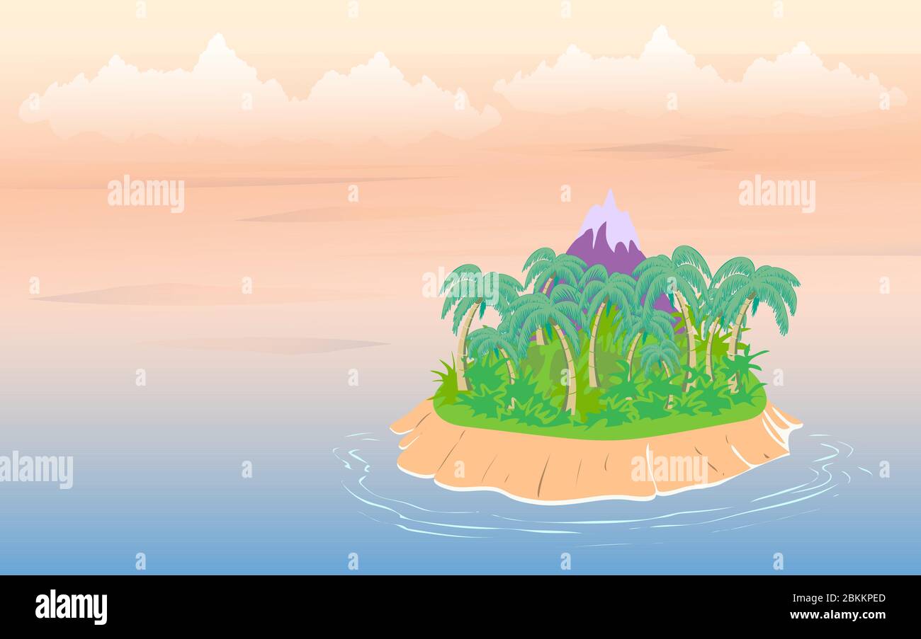 Tropical landscape, sea island with palm trees and sky with clouds. Vector Stock Vector