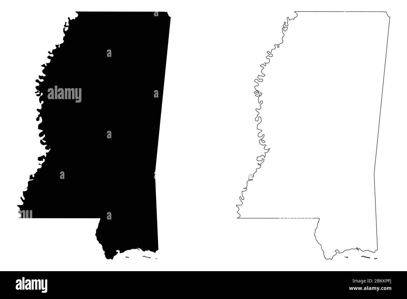 Mississippi MS state Maps. Black silhouette and outline isolated on a