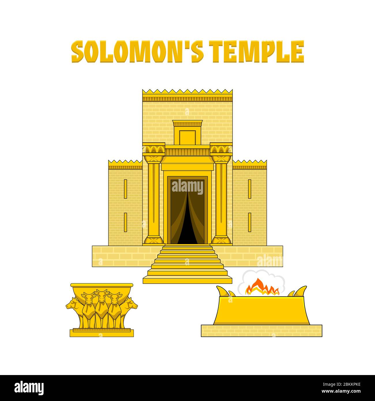 Temple of King Solomon. In front of the temple there is an altar and a copper sea standing on bulls. Stock Vector