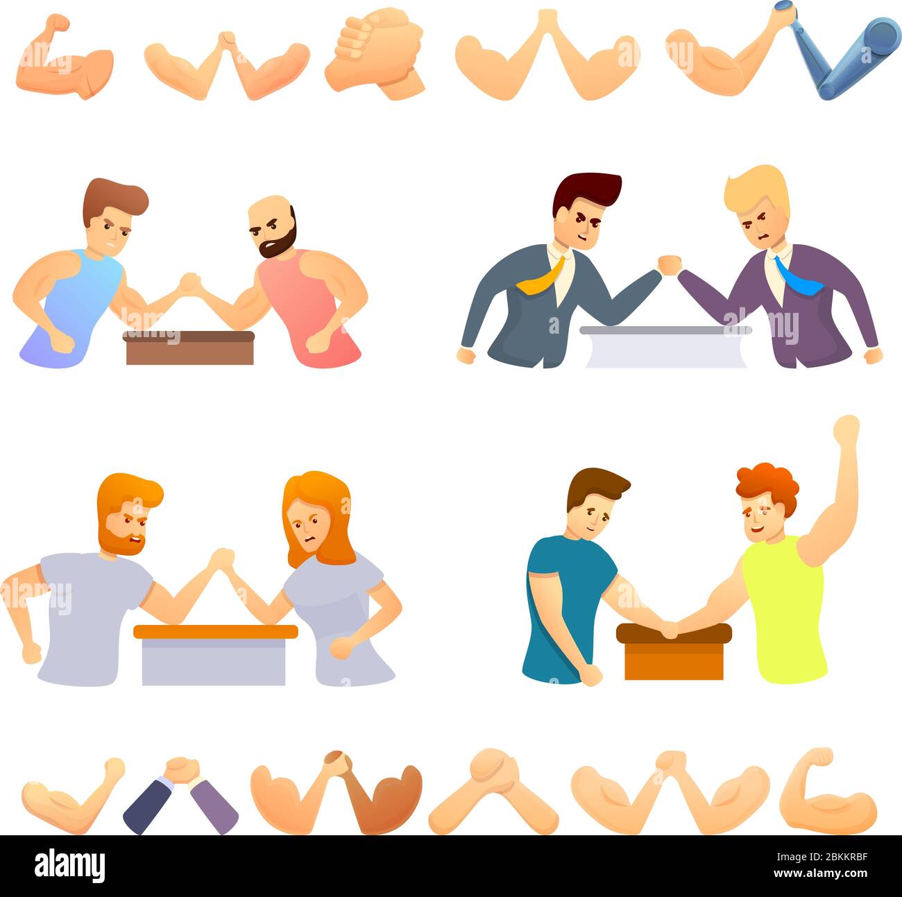 Arm wrestling icons set. Cartoon set of arm wrestling vector icons for web design Stock Vector