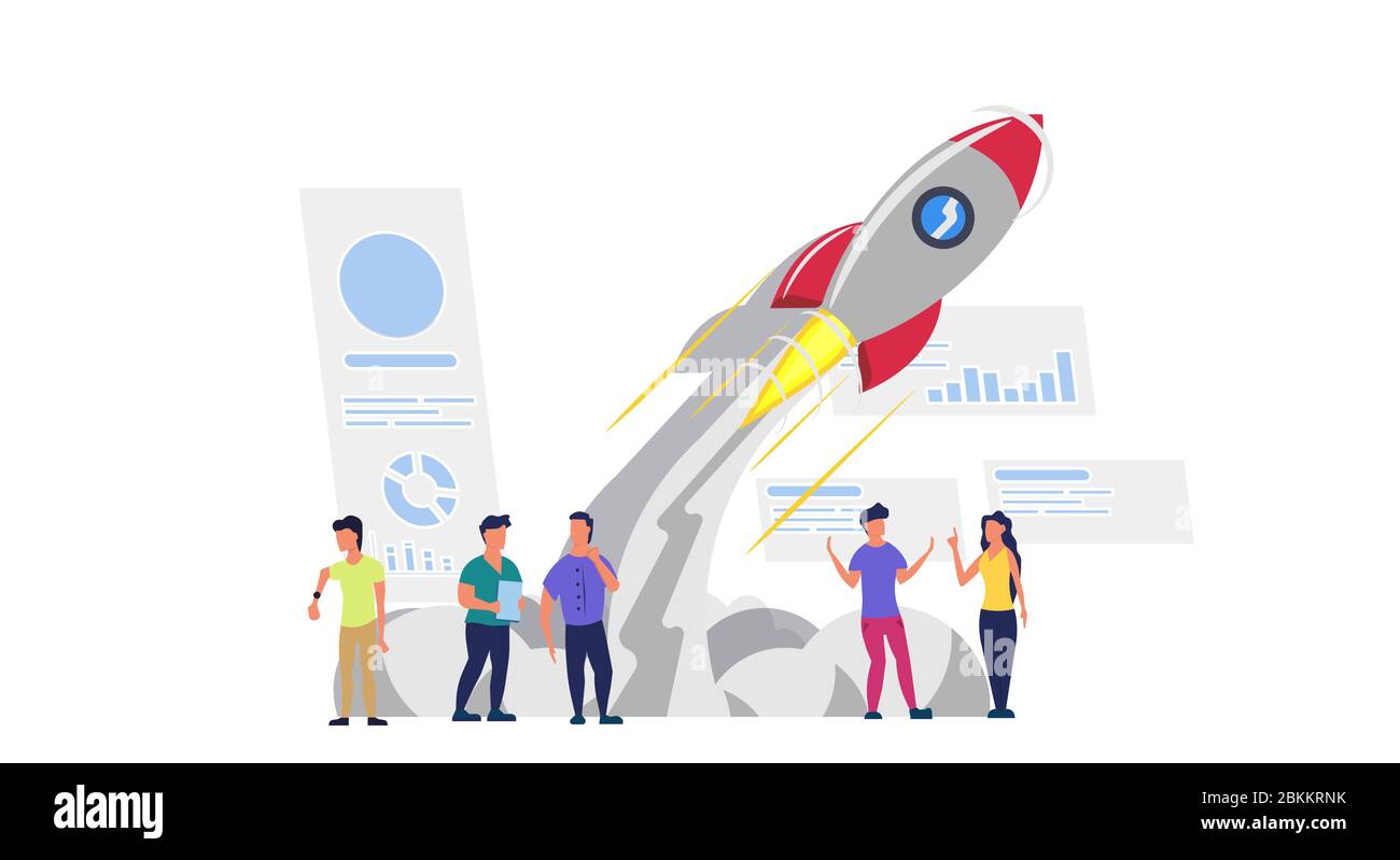 Business analytics in cloud arrow vector leadership company. People challenge teamwork up. Flat job marketing concept illustration. Growth with rocket Stock Vector