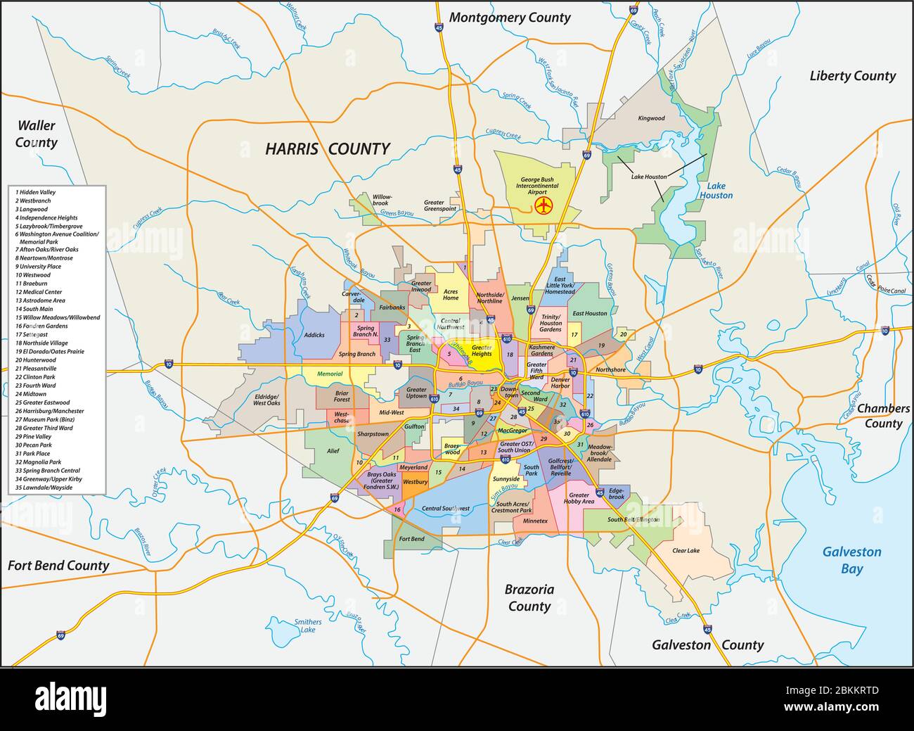 vector neighborhood map of the Texas city of Houston, United States Stock Vector