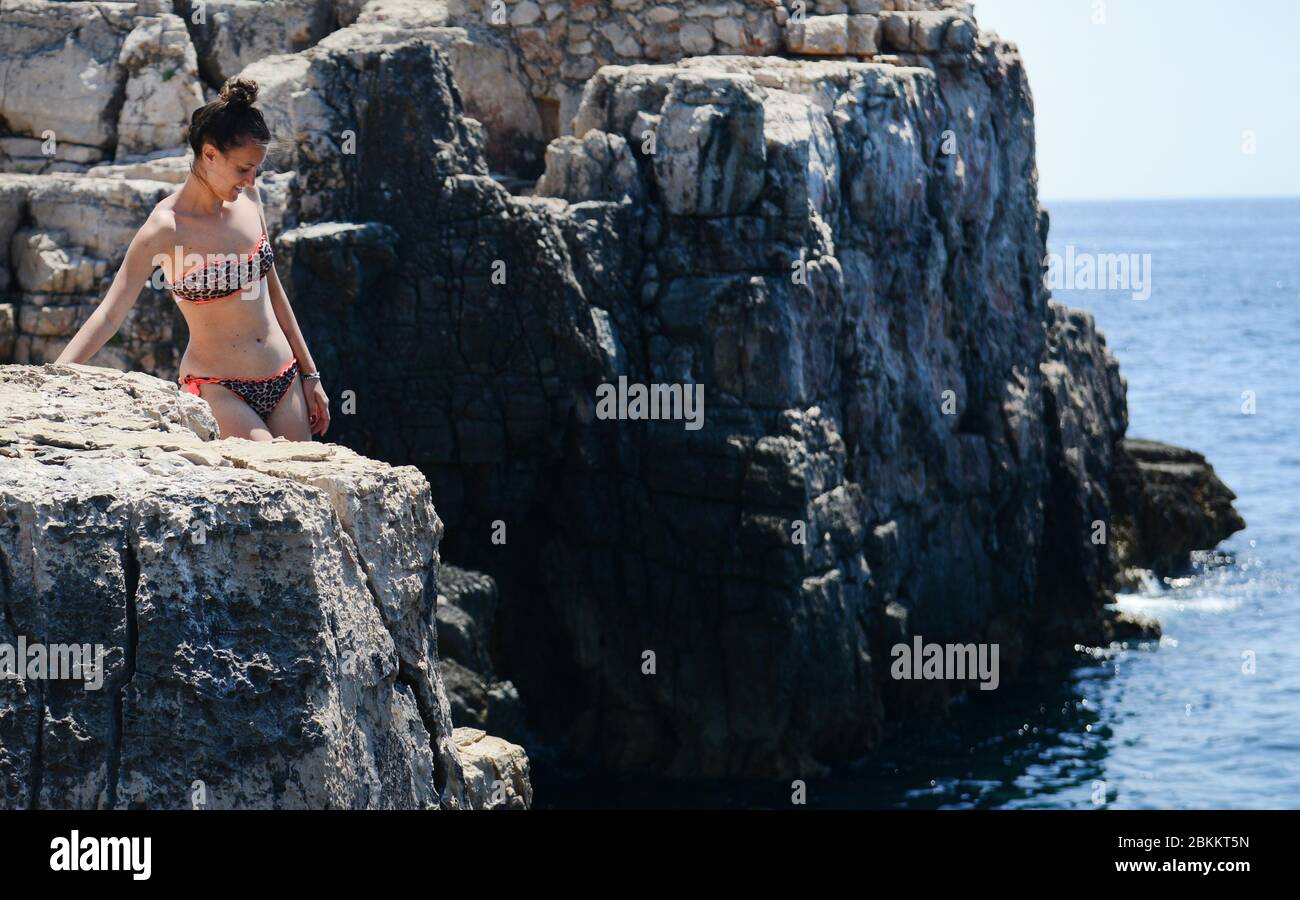 The seaside cliffs on Lokrum island near Dubrovnik, Croatia. Stock Photo