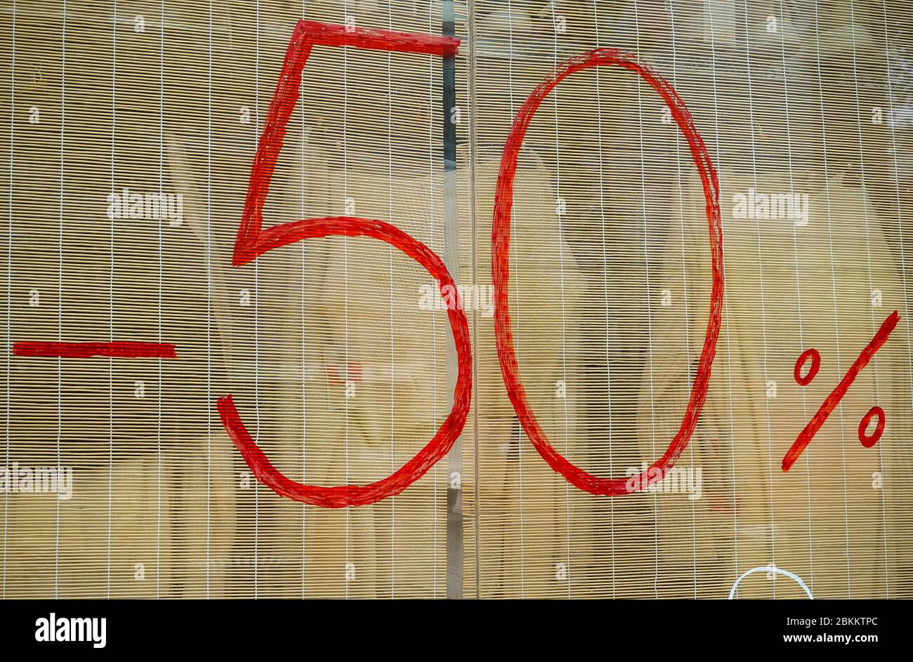 Bucharest, Romania - Mai 04, 2020: A -50% discount message is written