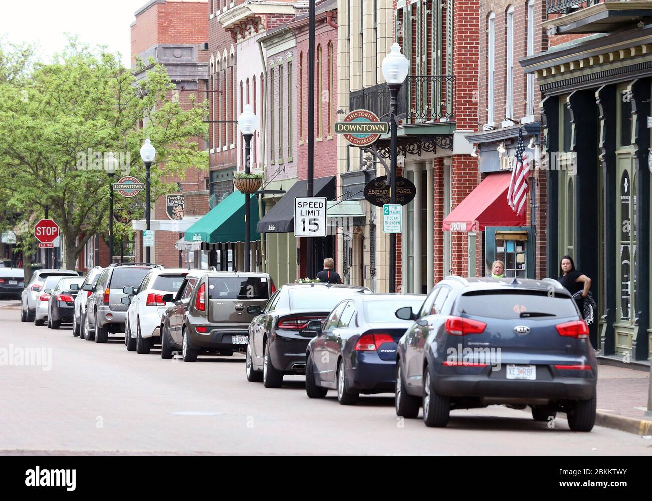 St. Charles, United States. 04th May, 2020. Parked cars now line the historic Main Street in St. Charles, Missouri on Monday, May 4, 2020. Several businesses have reopened after being closed for nearly two months by an emergency state order, due to coronavirus fears. Photo by Bill Greenblatt/UPI Credit: UPI/Alamy Live News Stock Photo