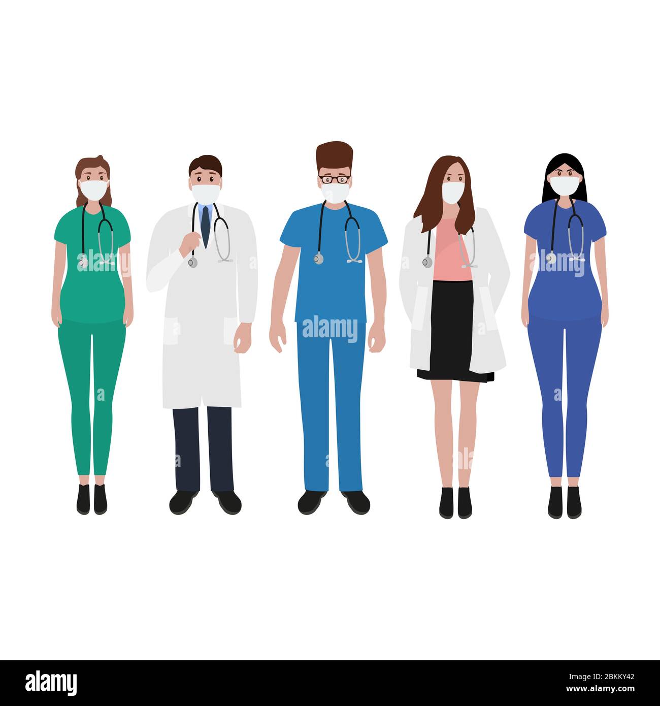 Young male and female doctors with stethoscope in a hospital. Cartoon flat, vector illustration Stock Vector