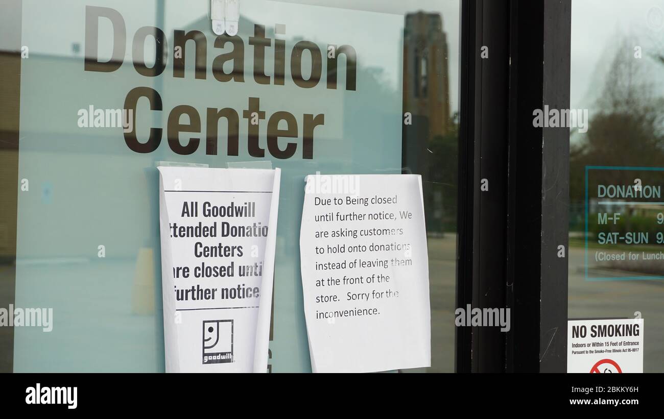Goodwill Industries Donation Center in suburban Chicago temporarily closed during COVID crisis. The center is not accepting donations. Stock Photo