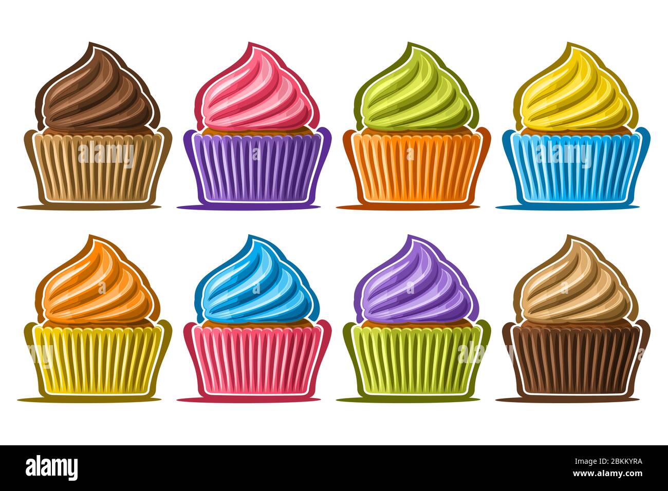 Vector Set of assorted Cupcakes, lot collection of 8 cut out illustrations of diverse colorful cupcakes or cup cakes in a row, set of many delicacy ba Stock Vector