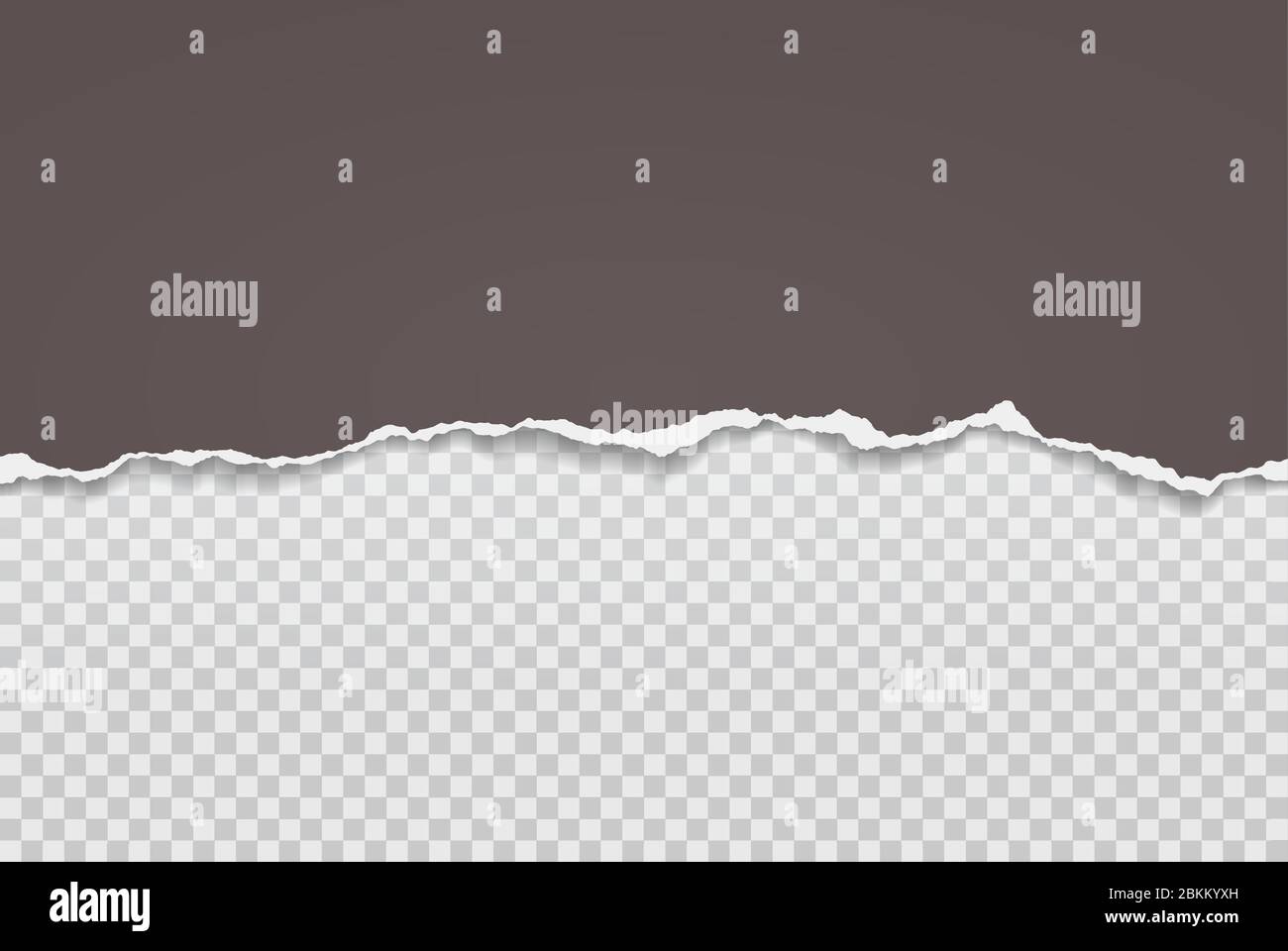 Torn, ripped piece of horizontal brown paper with soft shadow are on squared grey background for text. Vector illustration Stock Vector