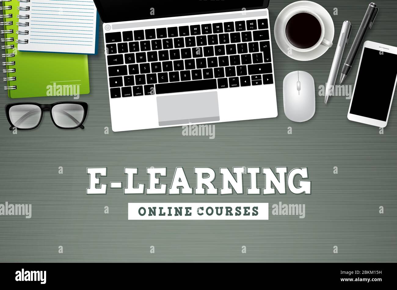 E-learning online school vector background. Elearning online courses text with school elements and computer devices for webinars, tutorial Stock Vector