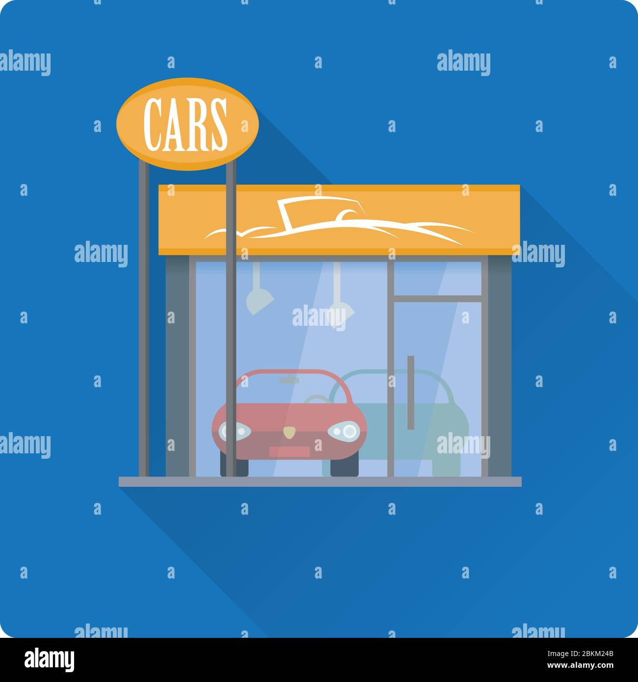 Flat design long shadow car dealership building storefront vector illustration. Automobiles showroom with signs on pole and roof Stock Vector