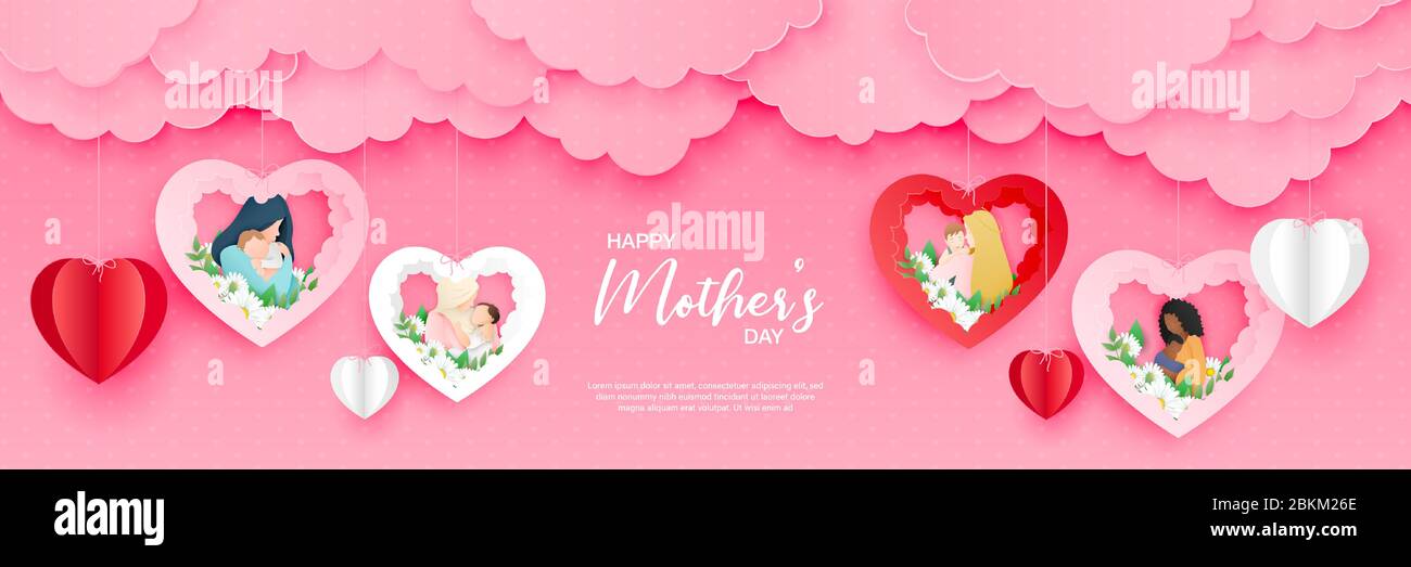 Beautiful woman with her baby. Happy mothers day card. Paper cut style ...
