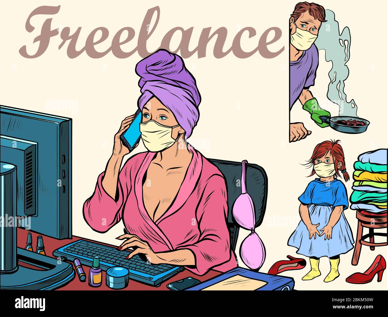 woman work at home freelance epidemic self isolation quarantine Stock Vector