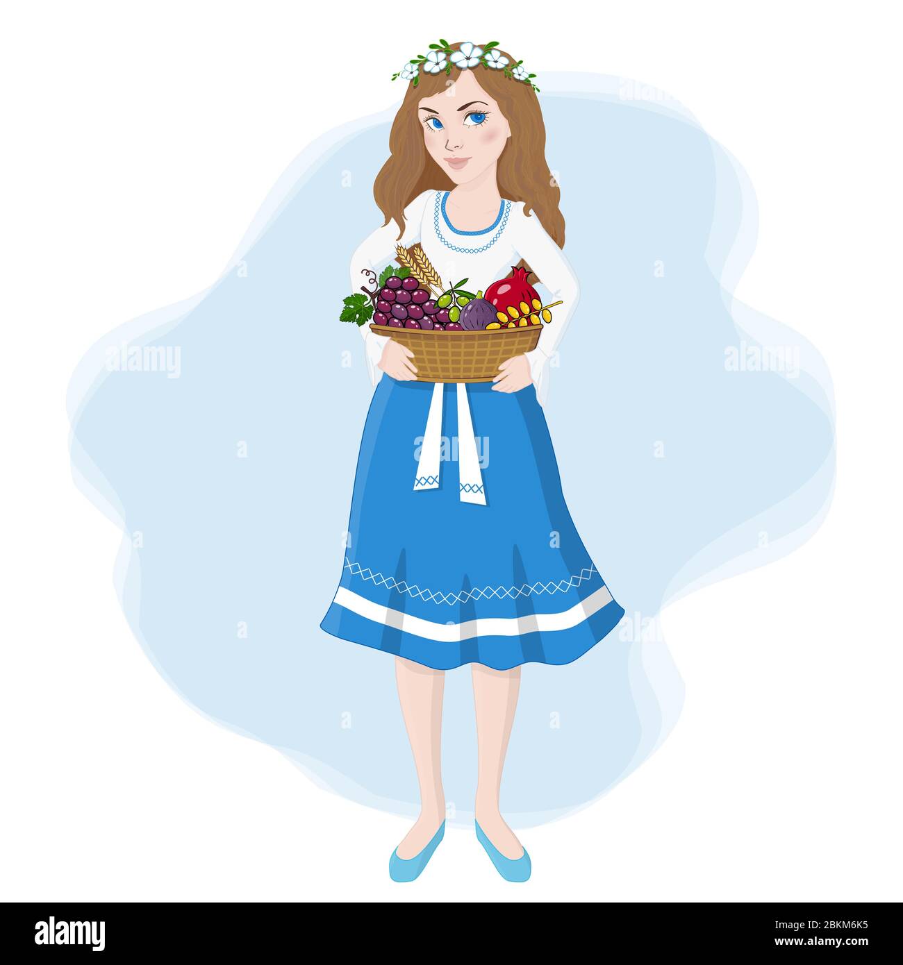 Girl holding a basket of traditional fruits, vegetables and crops. Stock Vector