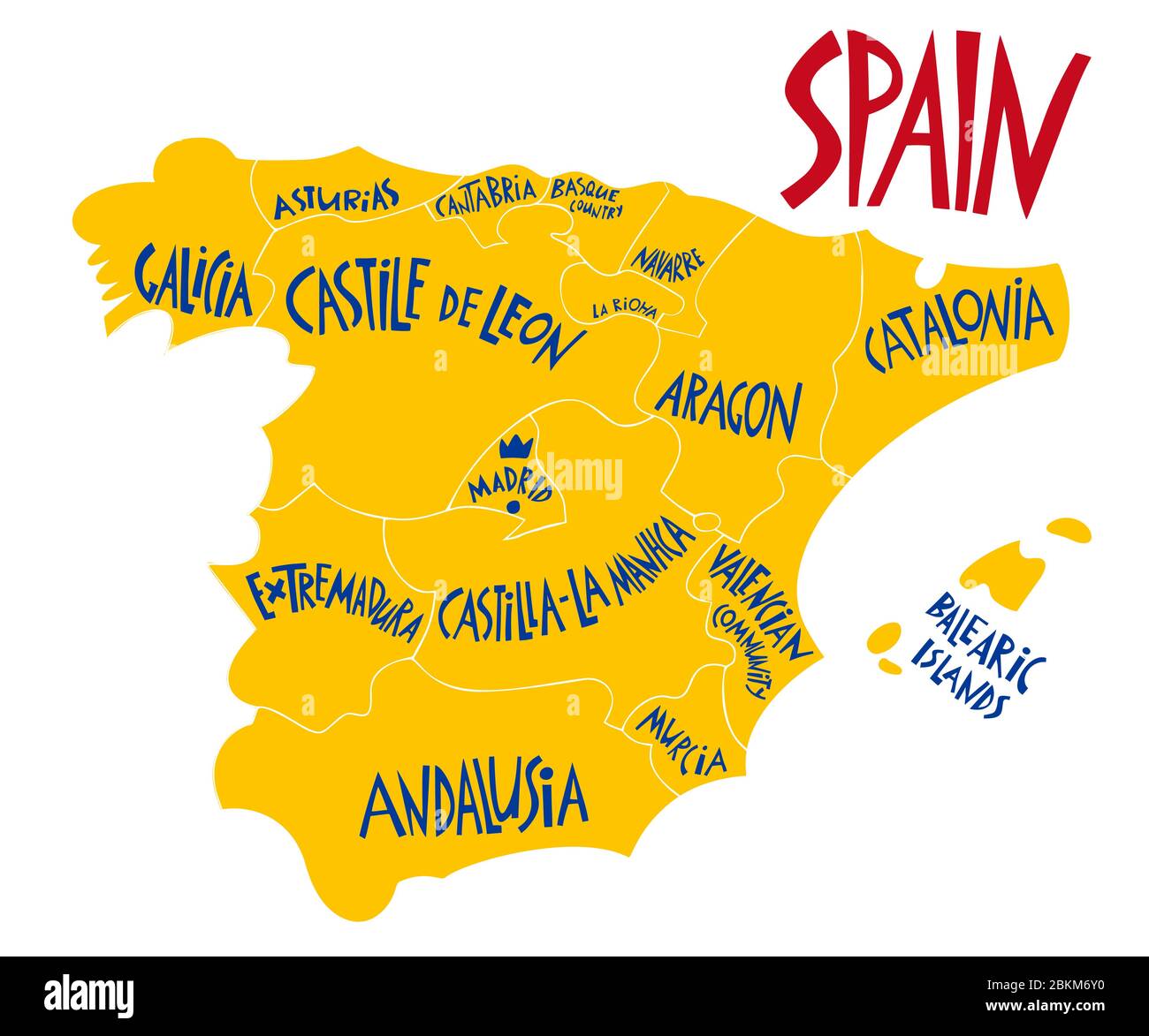 Vector hand drawn stylized map of Spain Kingdom. Travel illustration of Spain provinces. Hand drawn lettering illustration. Europe map element Stock Vector