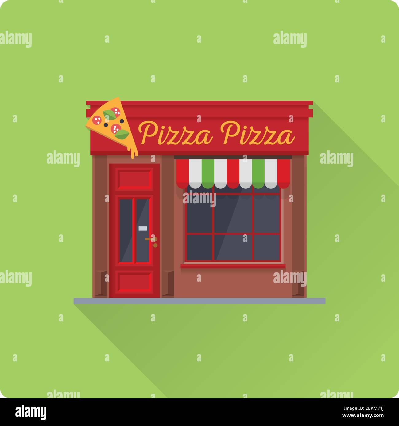 Flat design long shadow Pizzeria building vector illustration. Cute Italian restaurant facade. Stock Vector