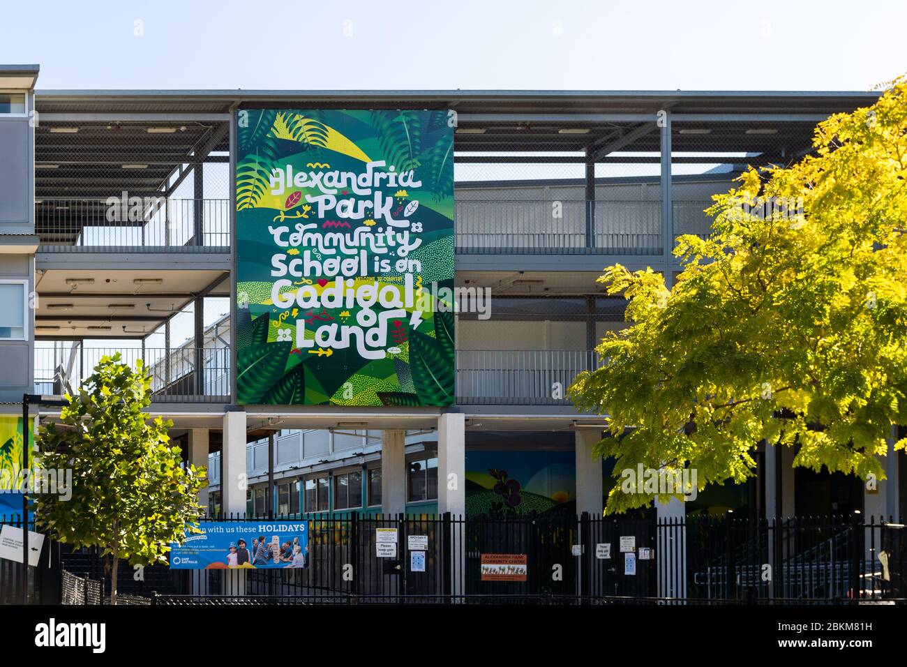 Alexandria Park School, Sydney.  Sign saying it is located on Aboriginal land. Stock Photo
