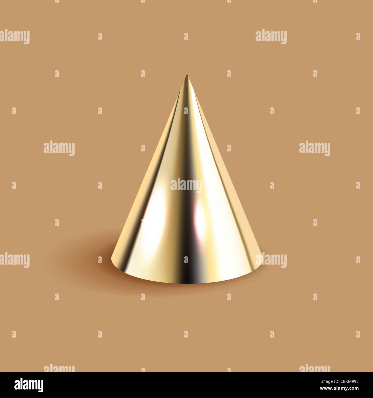 Golden cone 3D geometric shape, brown background. Glossy metal abstract form rendering. Decorative mathematical figure vector illustration in Stock Vector