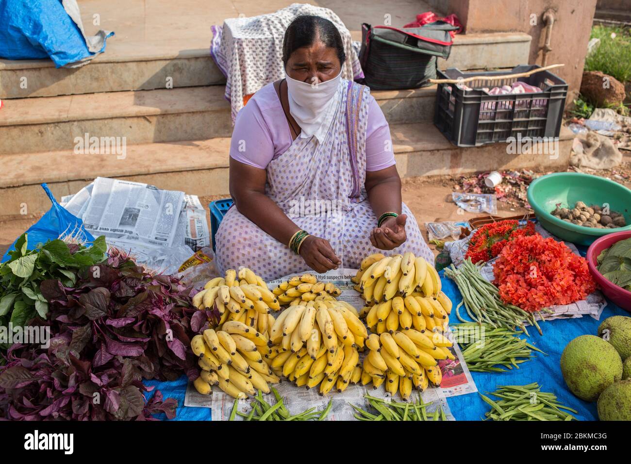 Woman selling fruits and vegetables in the covid-19 lockdown in India Stock Photo