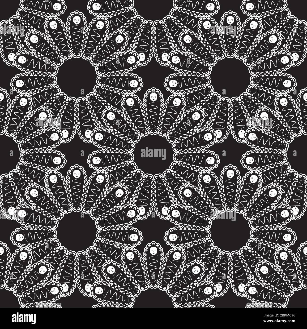 seamless pattern abstract petal ornament with faces on a black background. Vector image Stock Vector