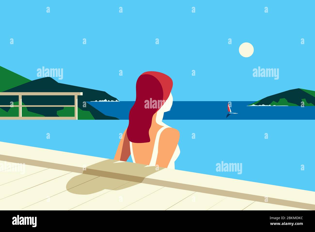 Girl relax in swimming pool on seaside flat vector. Sea scenic view hand  drawn pop art retro style. Holiday vacation season travel leisure cartoon  Stock Vector Image & Art - Alamy