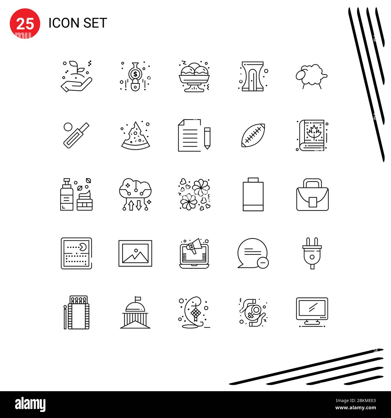 Group of 25 Lines Signs and Symbols for wool, lamb, takoyaki, sharpener, education Editable Vector Design Elements Stock Vector