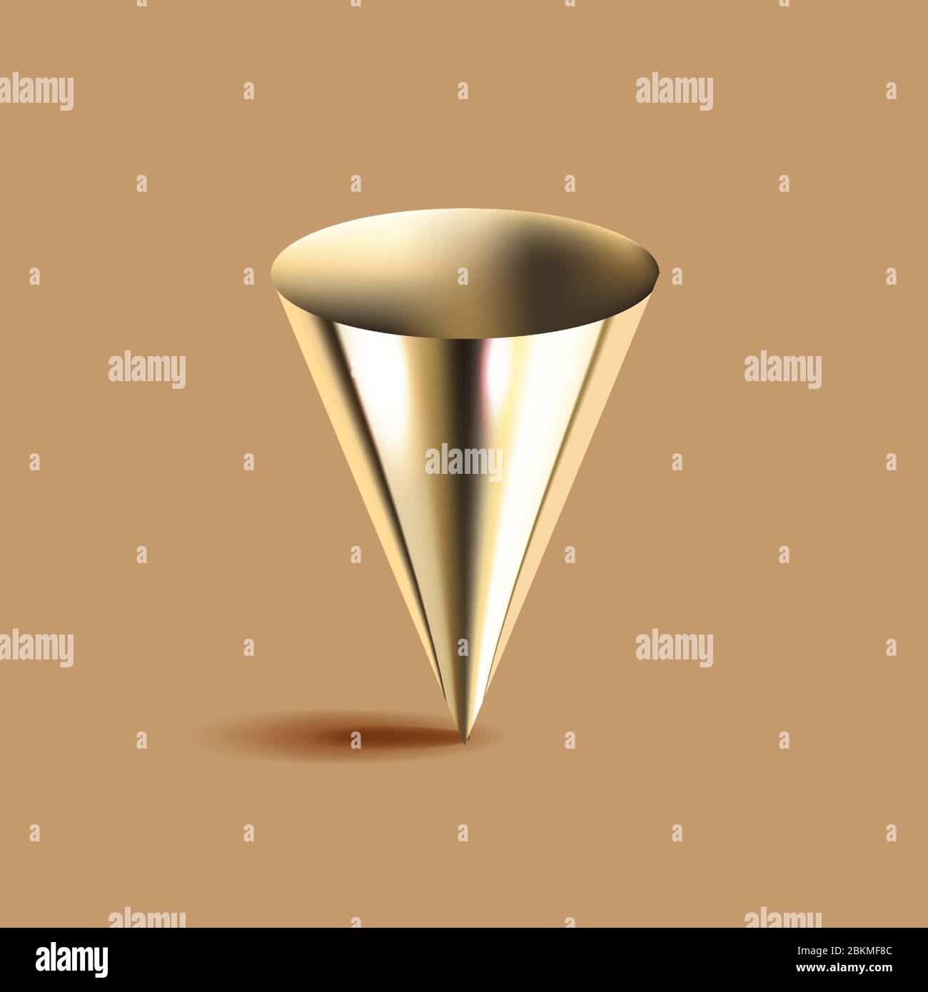 Golden cone 3D geometric shape, brown background. Glossy metal abstract form rendering. Decorative mathematical figure vector illustration in Stock Vector