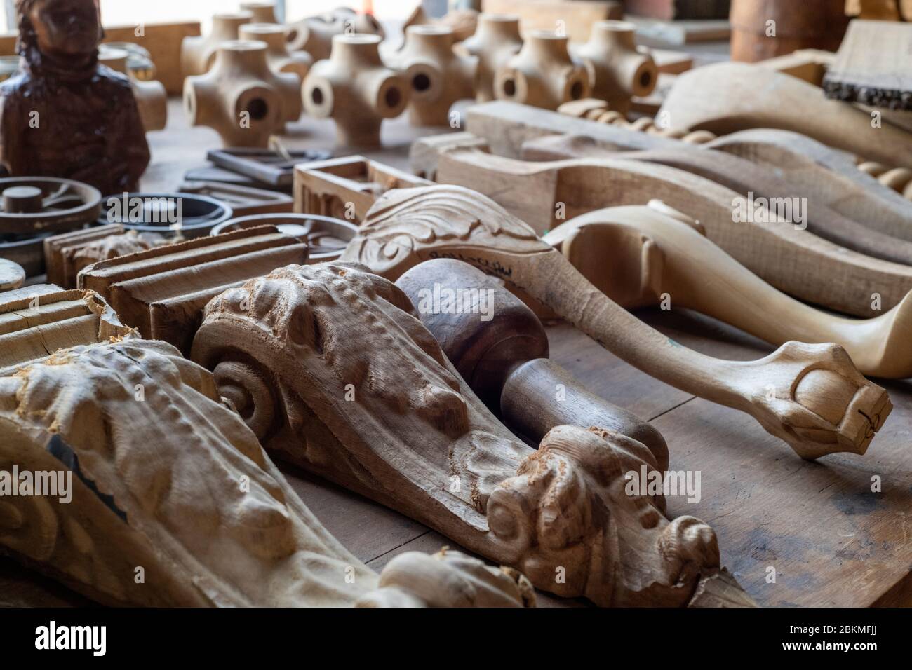 Various wooden parts of historic furniture, some imitation. Stock Photo