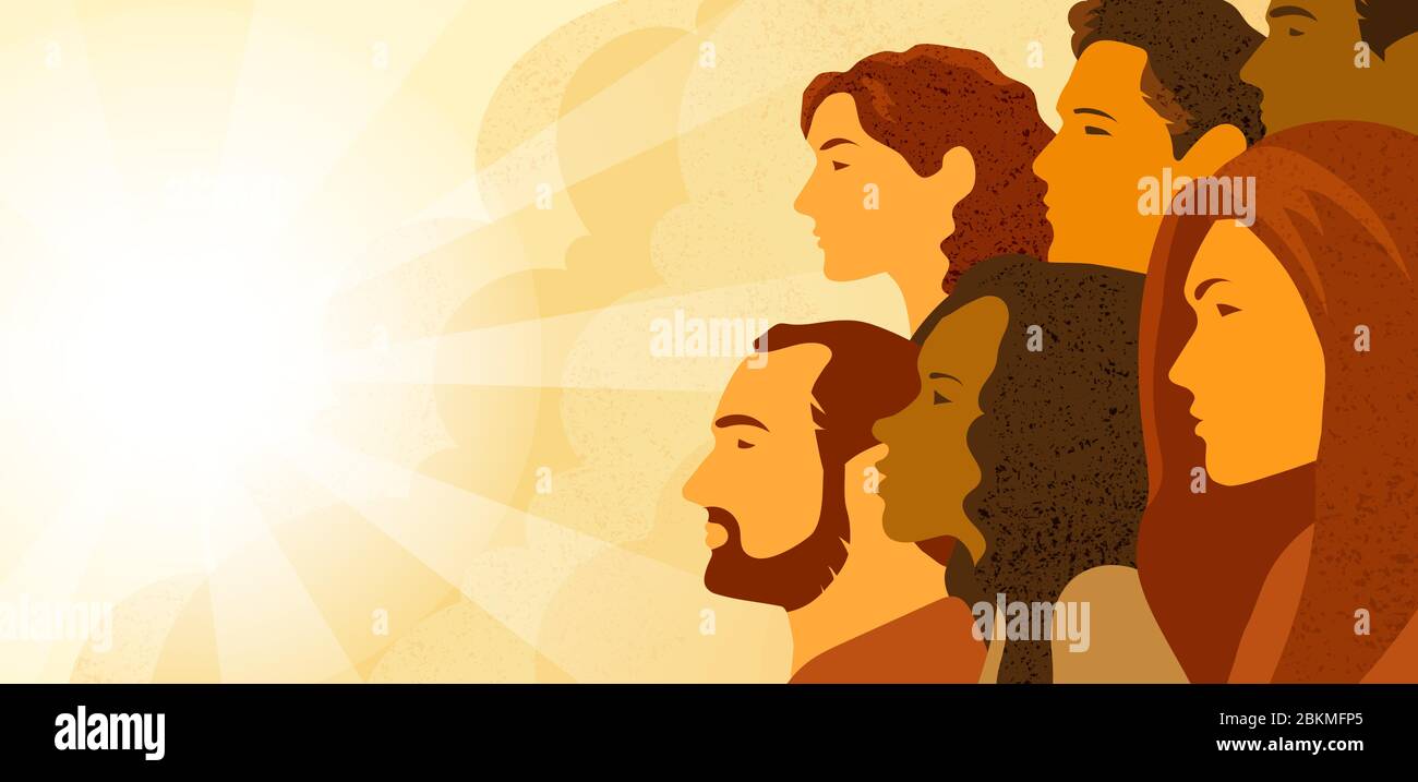 Vector illustration of multinational group of people - men and women looking into the distance. Concept of hope, concern about changing of the climate Stock Vector